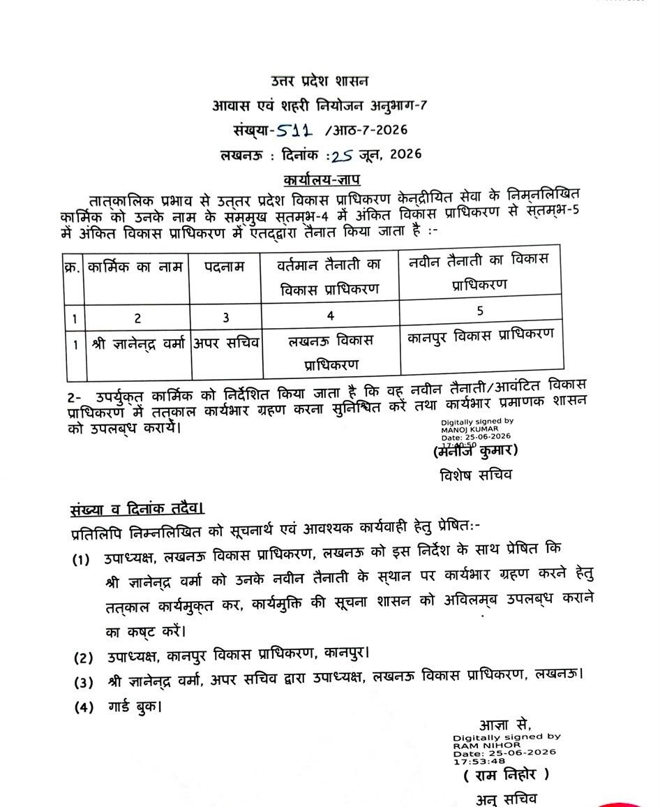 LDA के अपर सचिव ज्ञानेंद्र वर्मा का तबादला